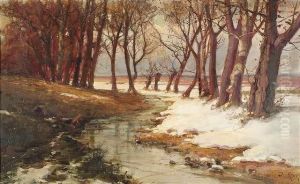 Wintry Landscape With A Brook. Oil/canvas, Signed And Dated by Iulii Iul'evich (Julius) Klever