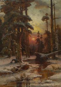 Winterlicher Waldbach Im
 Abendlicht. by Iulii Iul'evich (Julius) Klever