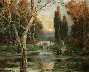 Stimungsvolle Parklandschaft Mit Brucke Und Statue