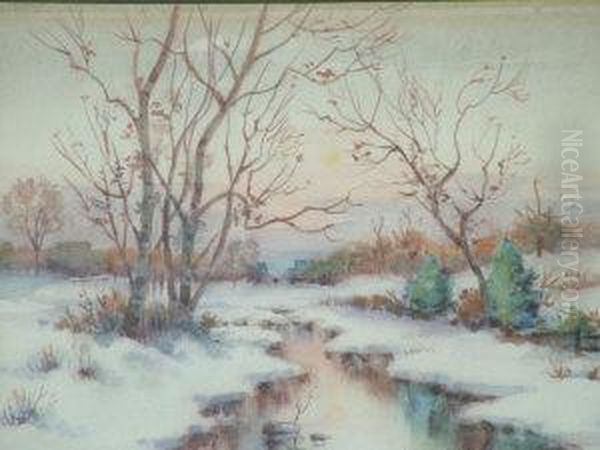 Winter River Landscape; Watercolour, Signed, 14x18.2cm - view 1