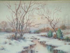 Winter River Landscape; Watercolour, Signed, 14x18.2cm