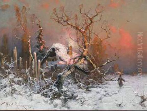 Figure In A Winter Landscape At Sunset - view 1