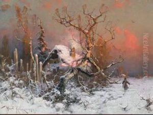 Figure In A Winter Landscape At Sunset