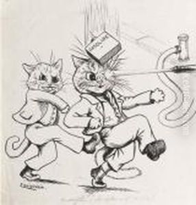'everything Happens At Once': Cats Fighting At A Petrolstation by Louis Wain