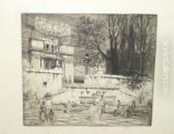 T R.b.a., R.e. "in The Days Of
Ancient Rome, At The House Of A Patrician", Figures On A Roman Terrace
With Statues And Trees Nearby Signed Artist's Proof, Black And White
Drypoint Etching, 41cm By 45cm *provenance: With Doig, Wilson &
Wheatley - view 1