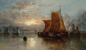 A Dutch Harbour Sunset With Figures And Fishing Boats by James Webb