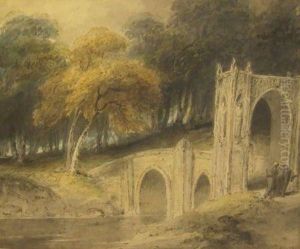 Monk Standing By A Stone Archway With Bridge Over River With Trees Beyond