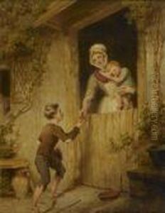 Jeune Mere Donnant L'aumone A Un Jeune Garcon