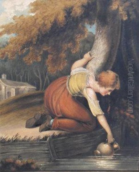 A Young Girl Filling A Pitcher In A Stream - view 1