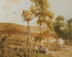 An Old Lady Sitting By A Tree; A Farmyard Scene With Dove Roosting Overhead
