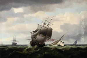 A Royal Naval Frigate Running
Down The Channel With A Cuttershortening Sail Off Her Stern And A Large
Man-o'war Anchored Offthe North Foreland by Thomas Whitcombe