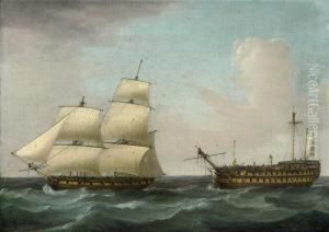 A Dismasted '74' Under Tow By A Battle-scarred Sloop