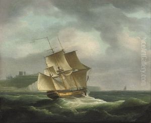 A Three-masted Merchantman Beating Her Way Up The Channel Past Dover Castle by Thomas Whitcombe