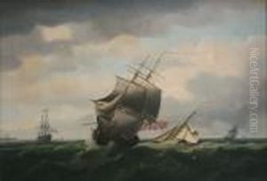 Seascape With Sailing Vessels On Choppy Waters by Thomas Whitcombe