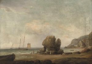 Shrimpers At Low Tide, Fishermen At Anchor Beyond by Thomas Whitcombe