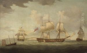 An Armed Merchantman In Three Positions In The Channel Offdover by Thomas Whitcombe