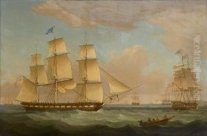 The Merchantman, 'medina' Of London In Two Positions Off Dover by Thomas Whitcombe