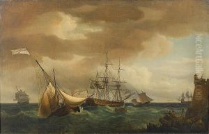 A Naval Frigate Lying Off A Fortified Tower With Smaller Craft Nearby, Possibly Plymouth by Thomas Whitcombe