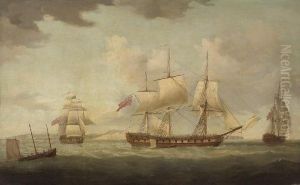 An Armed Merchantman In Three Positions In The Channel Off Dover by Thomas Whitcombe