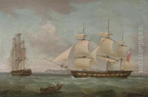 An East Indiaman In Two 
Positions Off Dover, With The Pilot Cutter Approaching Off Her Starboard
 Bow