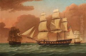 The West Indiaman "ruckers" In Three Positions At The Nore, With Sheerness Fort Beyond by Thomas Whitcombe