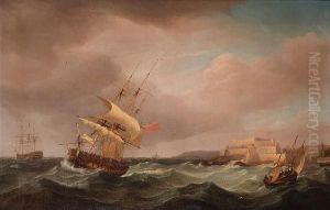 A Royal Naval Frigate Under Reduced Sail In A Heavy Swell Off Castle Cornet, Guernsey A Royal Naval Frigate Under Reduced Sail In A Heavy Swell Off Castle Cornet, Guernsey