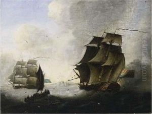 A Dutch Frigate And A Sailing Boat On Stormy Seas by Thomas Whitcombe