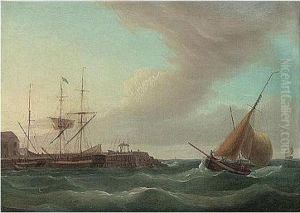 A Fishing Boat Entering The Harbour At Broadstairs by Thomas Whitcombe