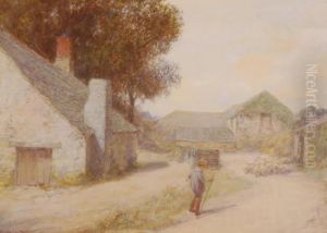 Shepherd And Sheep In The Farmyard by John White