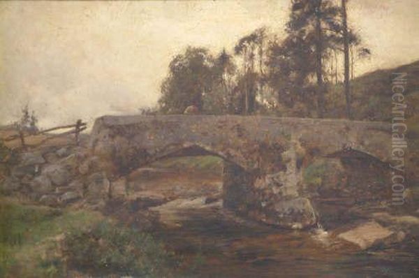 Figure On A Stone Bridge Signed 16 X 24in - view 1