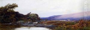Moorland Scene With Sheep And Figure On Horse. Moorland Scene With Sheep And Figure On Horse.