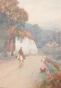 Figures And A Shire Horse On A Country Lane, Believed To Be Newtonpeppleford, Devon