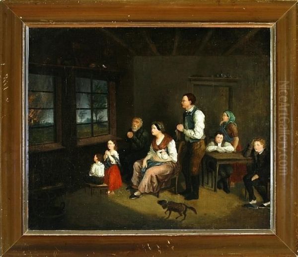 An Interior From The
Frisian-german Island Fohr With A Praying Family Watching A Fire Through
The Window - view 1