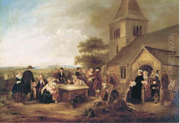 Figures Gathered Outside A Church - view 1