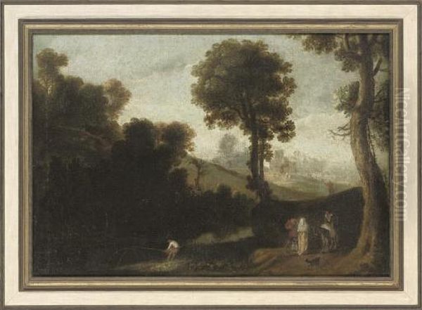 A Wooded River Landscape With An
 Angler In The Foreground, And Figures Conversing On A Path - view 1