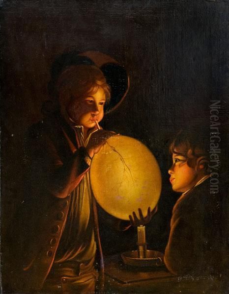 Bambini Gonfiano Una Vescica Al Lume Di Candela - view 1