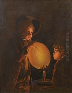 Two Boys By Candlelight, Blowing A Bladder by Josepf Wright Of Derby