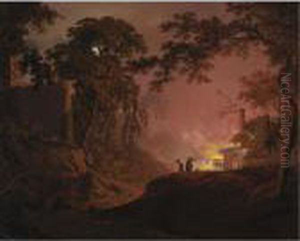 A Cottage On Fire: A Moonlit 
Landscape With Figures By A Burning Cottage And The Ruins Of A Castle 
Beyond - view 1