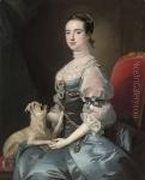 Portrait Of A Lady,
Three-quarter-length, Seated In A Blue Satinjewelled Dress With Lace
Sleeves And Collar, With A Pug Dog - view 1