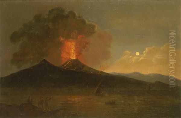 Vesuvius In Eruption, The Bay Of
 Naples By Moonlight, With Fishingboats, Figures Watching From The Shore - view 1