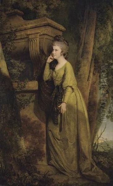 Portrait Of Dorothy Gell
(1758-1808), Of Hopton, Full-length, In A Green Dress, Leaning Against A
Sarcophagus, In A Landscape - view 1