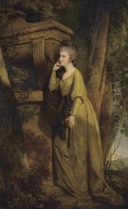 Portrait Of Dorothy Gell
(1758-1808), Of Hopton, Full-length, In A Green Dress, Leaning Against A
Sarcophagus, In A Landscape by Josepf Wright Of Derby