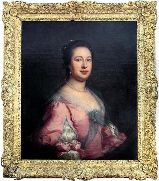 A Portrait Believed To Be Of 
Lucy, Countess Of Rochford Wearing A Pink And Blue Edged Satin Dress, 
Pearl Necklace And Earrings, Oval - view 1