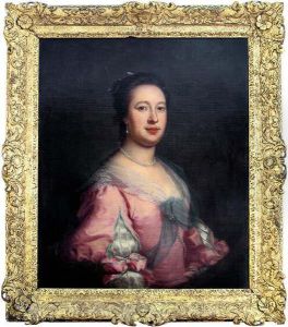 A Portrait Believed To Be Of 
Lucy, Countess Of Rochford Wearing A Pink And Blue Edged Satin Dress, 
Pearl Necklace And Earrings, Oval