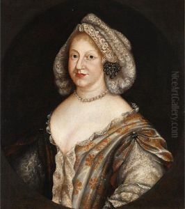 A Portrait Of A Lady Of Title,
Said To Be Wilemine Ernestine Of Danmark, Electress Of The Palatine
(1650-1706), In A Painted Oval by Josepf Wright Of Derby