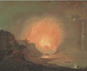 View Of Mount Vesuvius Erupting By Moonlight by Josepf Wright Of Derby
