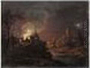 Incendie Au Clair De Lune Pres D'une Riviere by Josepf Wright Of Derby