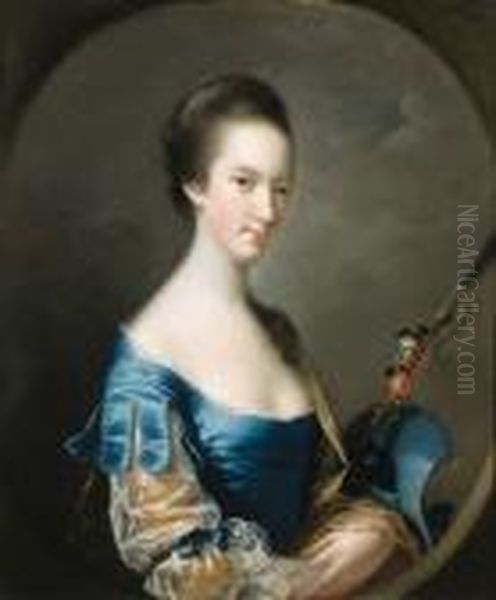Portrait Of A Lady, Half-length,
 In A Blue And Yellow Dress,holding A Shepherd's Crook Decorated With 
Flowers, In A Paintedoval - view 1