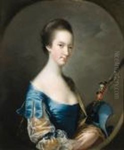 Portrait Of A Lady, Half-length,
 In A Blue And Yellow Dress,holding A Shepherd's Crook Decorated With 
Flowers, In A Paintedoval
