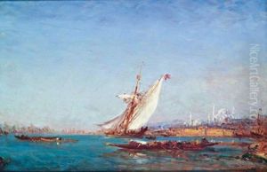 Voilier Et Regates Sur Le Bosphore
 Huile Sur Panneau, Signee En Bas A Droite